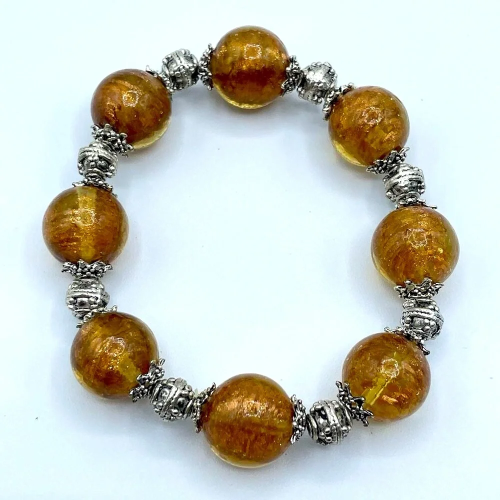 Stunning Amber Color Murano Glass Beaded Statement Stretch Bracelet Boho Bold